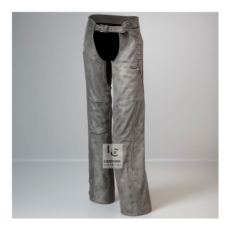 Distressed Grey Leather Motorcycle Chaps