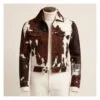 Men’s brindle cowhide leather trucker jacket in brown and white