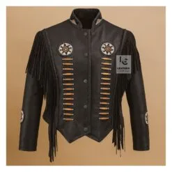 Woman wearing black leather fringe jacket with beaded western detailing