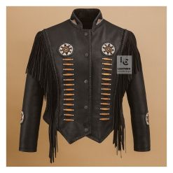 Native American Style Black Leather Fringe Jacket For Women