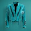 Turquoise Suede Military Fringe Jacket for Women