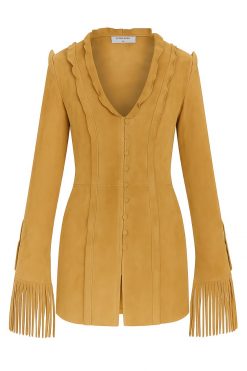Women Mustard Suede Fringe Shirt Jacket