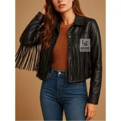 Women’s black leather cropped fringe western jacket with long front and sleeve fringe