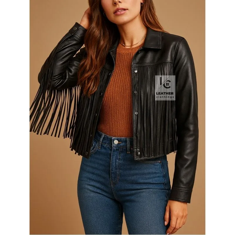 Women’s black leather cropped fringe western jacket with long front and sleeve fringe