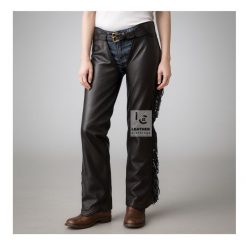 Womens Fringe Black Leather Assless Chap