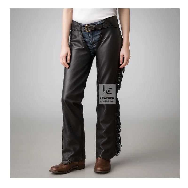Womens Fringe Black Leather Assless Chap