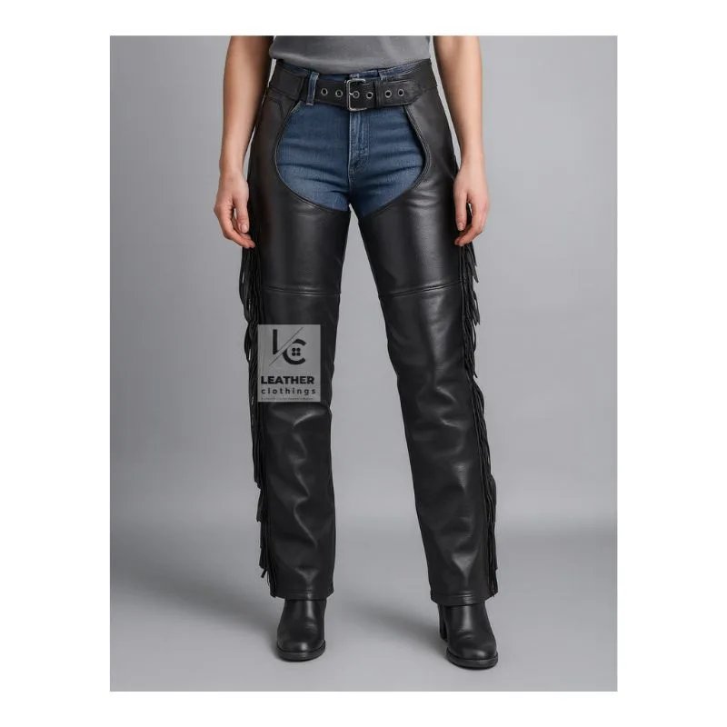 Womens Fringe Braided Leather Assless Chaps
