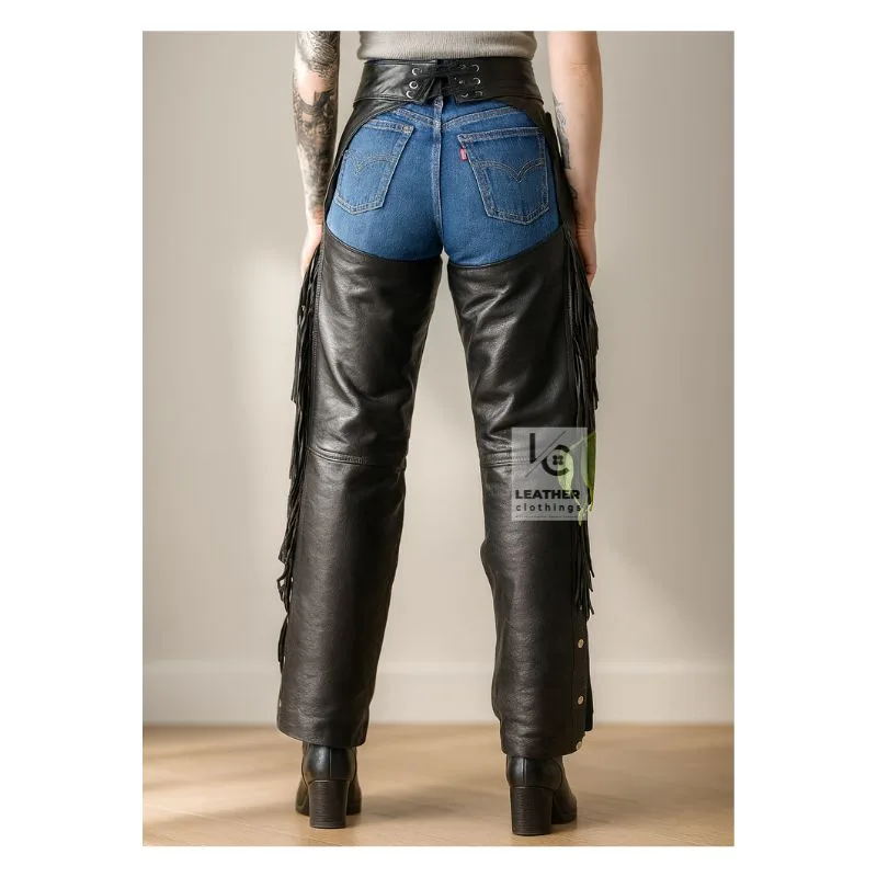 Womens Fringe Braided Leather Assless Chaps