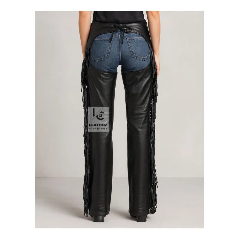 Womens Fringe Braided Leather Assless Chaps