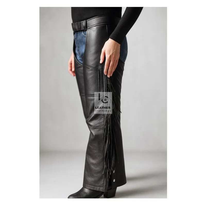 Womens Fringe Braided Leather Assless Chaps