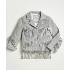 Women’s silver gray suede fringe western jacket with fringed pockets and hem