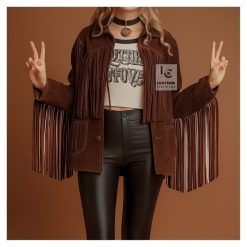 Women’s Western Reddish Brown Suede Jacket with Long Fringes | WCJ14