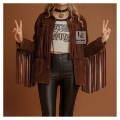 Women’s Western Reddish Brown Suede Jacket with Long Fringes | WCJ14