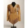 Women’s tan suede beaded western fringe jacket with geometric beadwork and V-shaped fringe