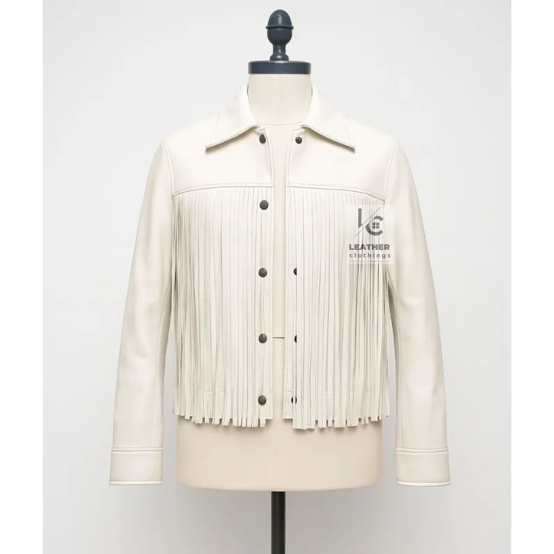 Women’s White Leather Fringe Western Jacket