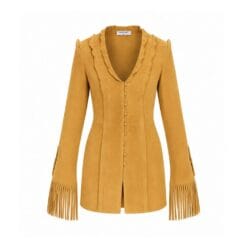 Women’s mustard suede Western fringe jacket with long fringe cuffs