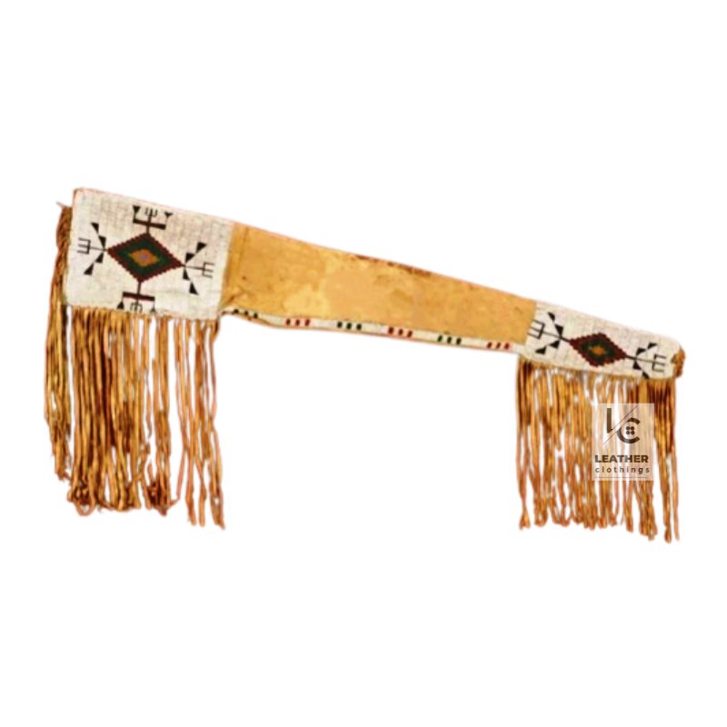 Brown suede fringed rifle cover with diamond beadwork pattern
