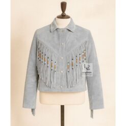 Beaded Grey Suede Fringe Jacket - Western Cowgirl Jacket