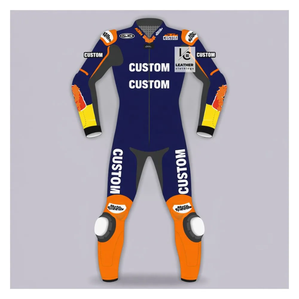 Motorcycle leather race suit in blue orange and black one piece design