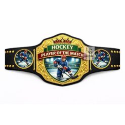Custom hockey Player of the Match belt with real leather strap and gold metal plates