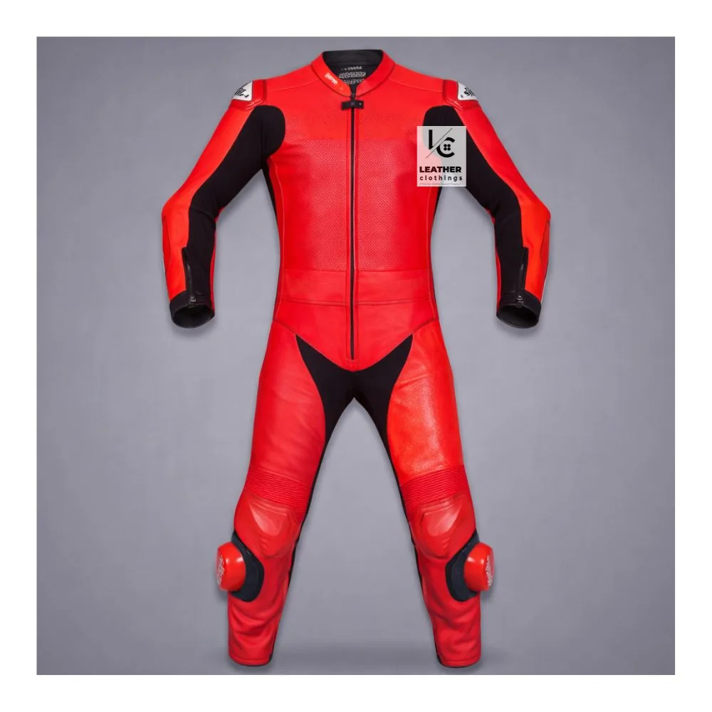 One piece motorcycle leather racing suit in red and black