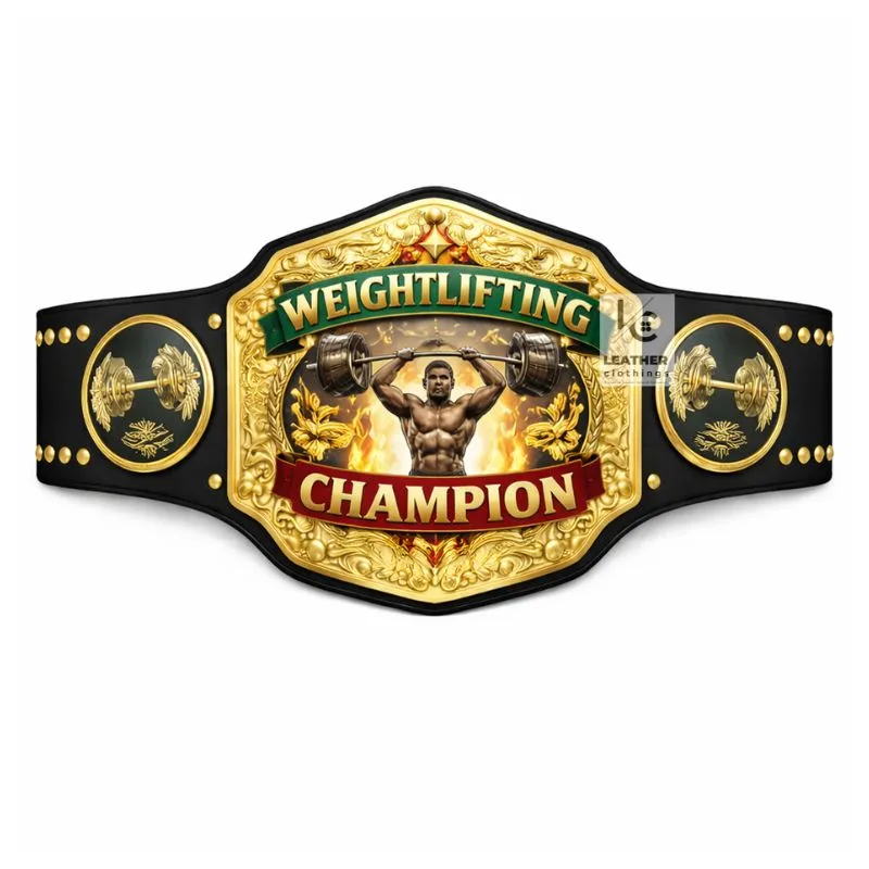 Custom weightlifting championship belt with real leather strap and gold metal plates