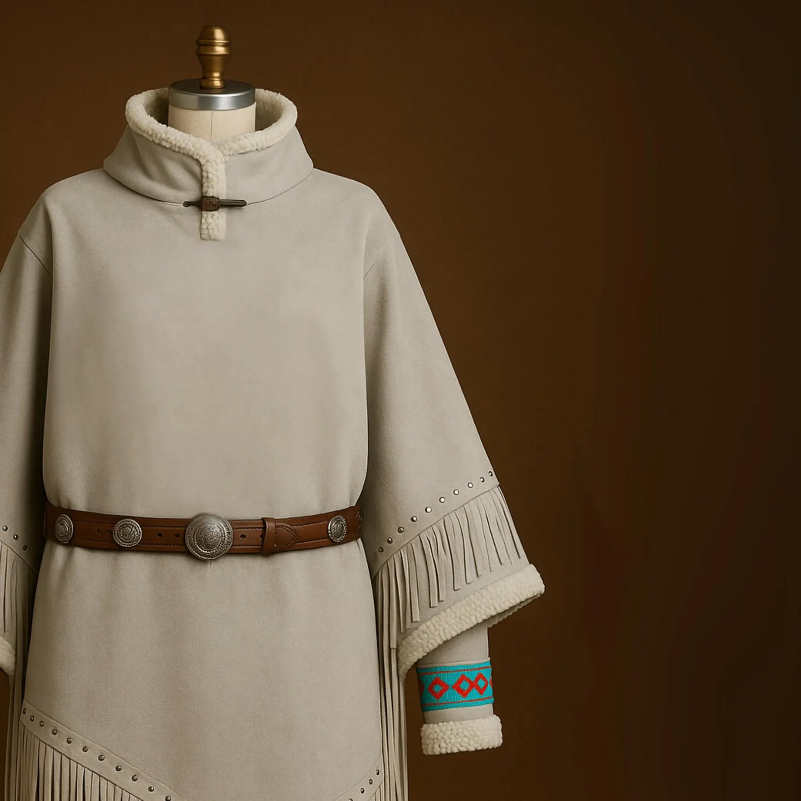 Women's Western Suede Fringe Poncho - Native American Style Cape Coat