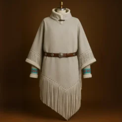 Women's Western Suede Fringe Poncho - Native American Style Cape Coat