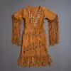 Women’s brown leather Western fringe dress with beadwork and long sleeve fringe