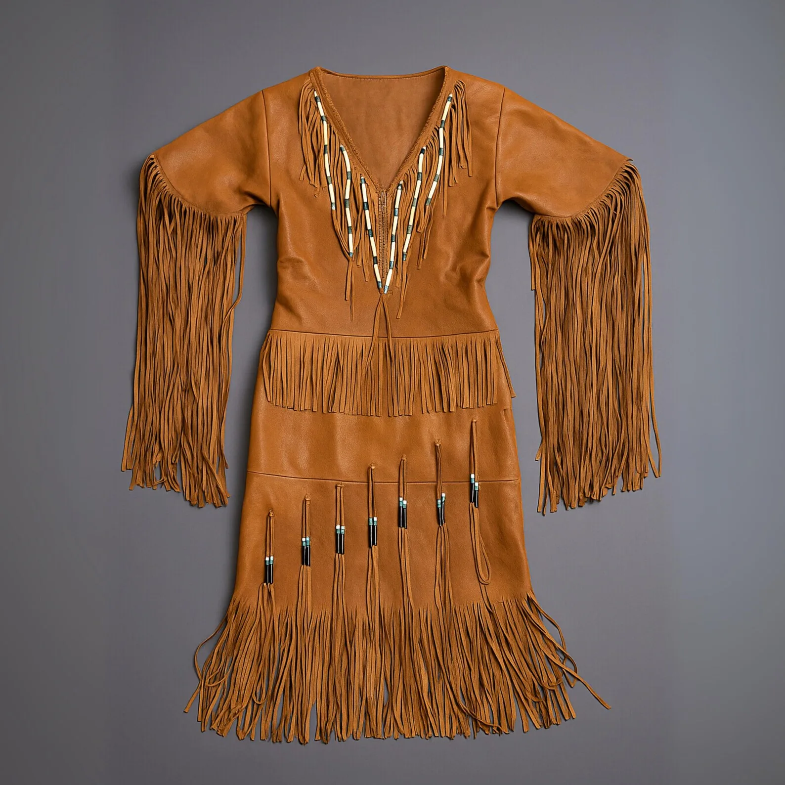 Women’s brown leather Western fringe dress with beadwork and long sleeve fringe