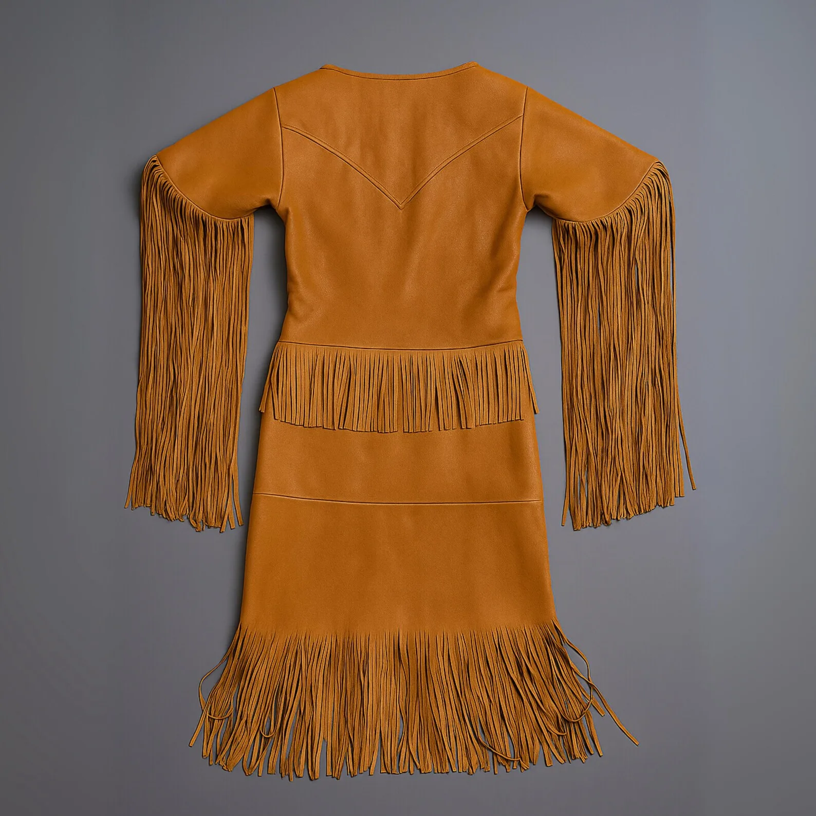 Women’s Brown Leather Western Fringe Dress – Beaded Long Fringe Dress - Image 2