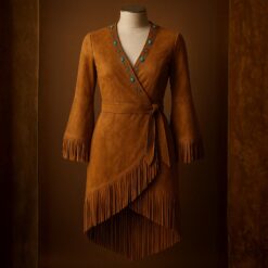 Tan Suede Fringe Wrap Dress – Western Style Leather Dress with Turquoise