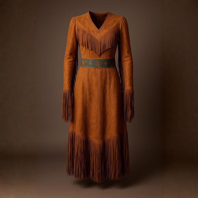 Western Suede Fringe Maxi Dress - Vintage Cowgirl Look