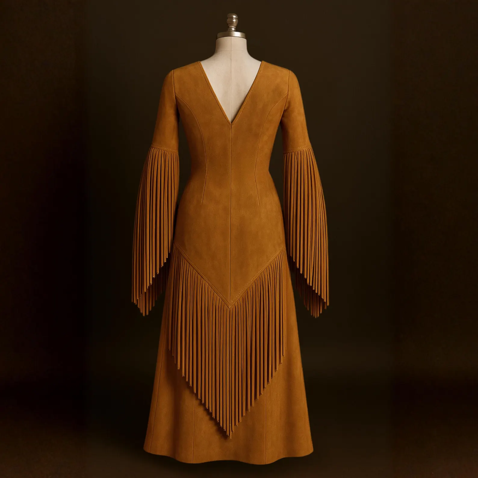 Traditional Western Suede Fringe Long Dress - Image 2