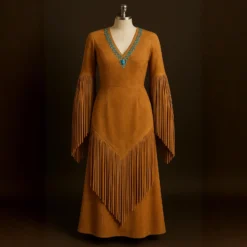 Traditional Western Suede Fringe Long Dress