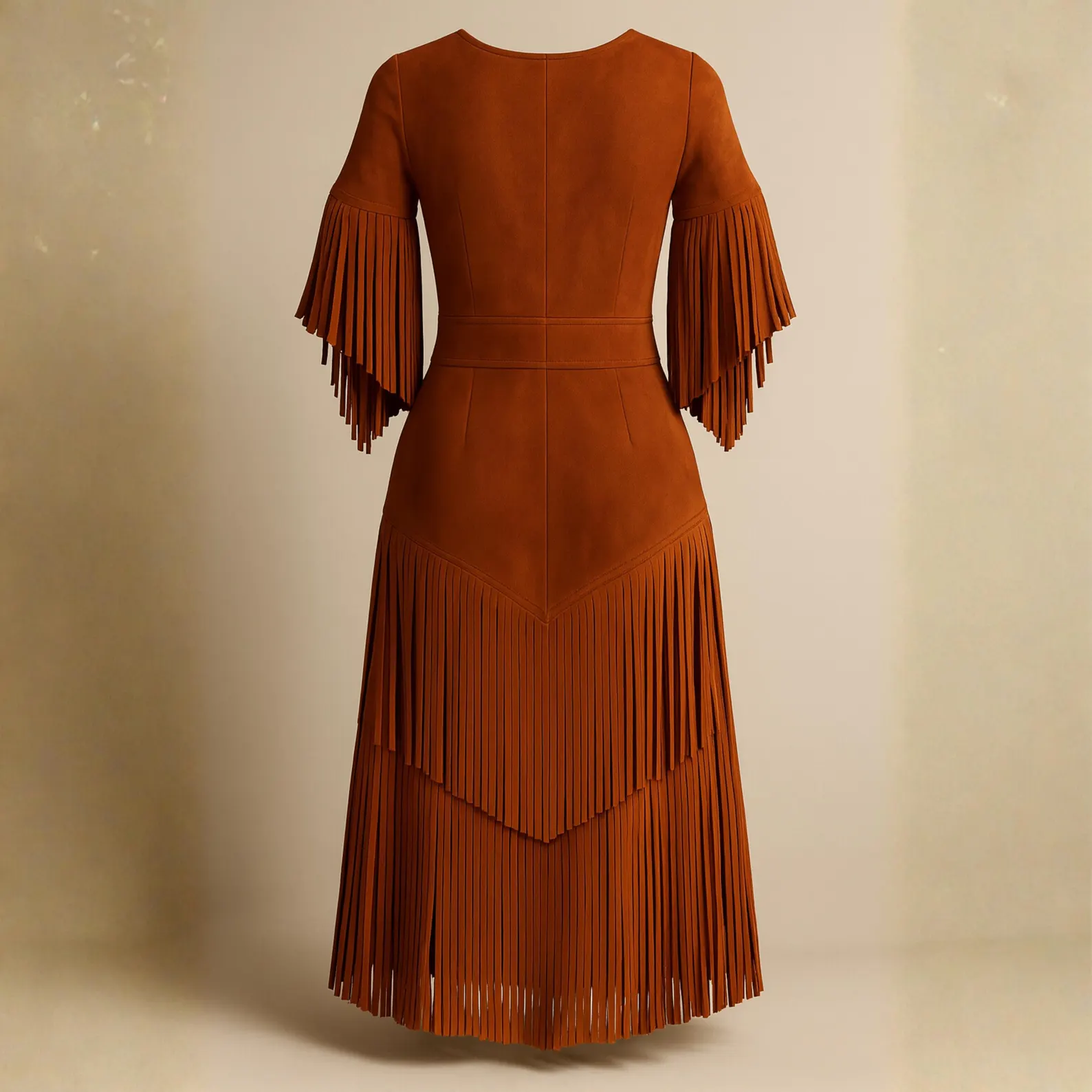 Traditional Suede Fringe Maxi Dress for Women - Image 2