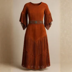 Traditional Suede Fringe Maxi Dress for Women