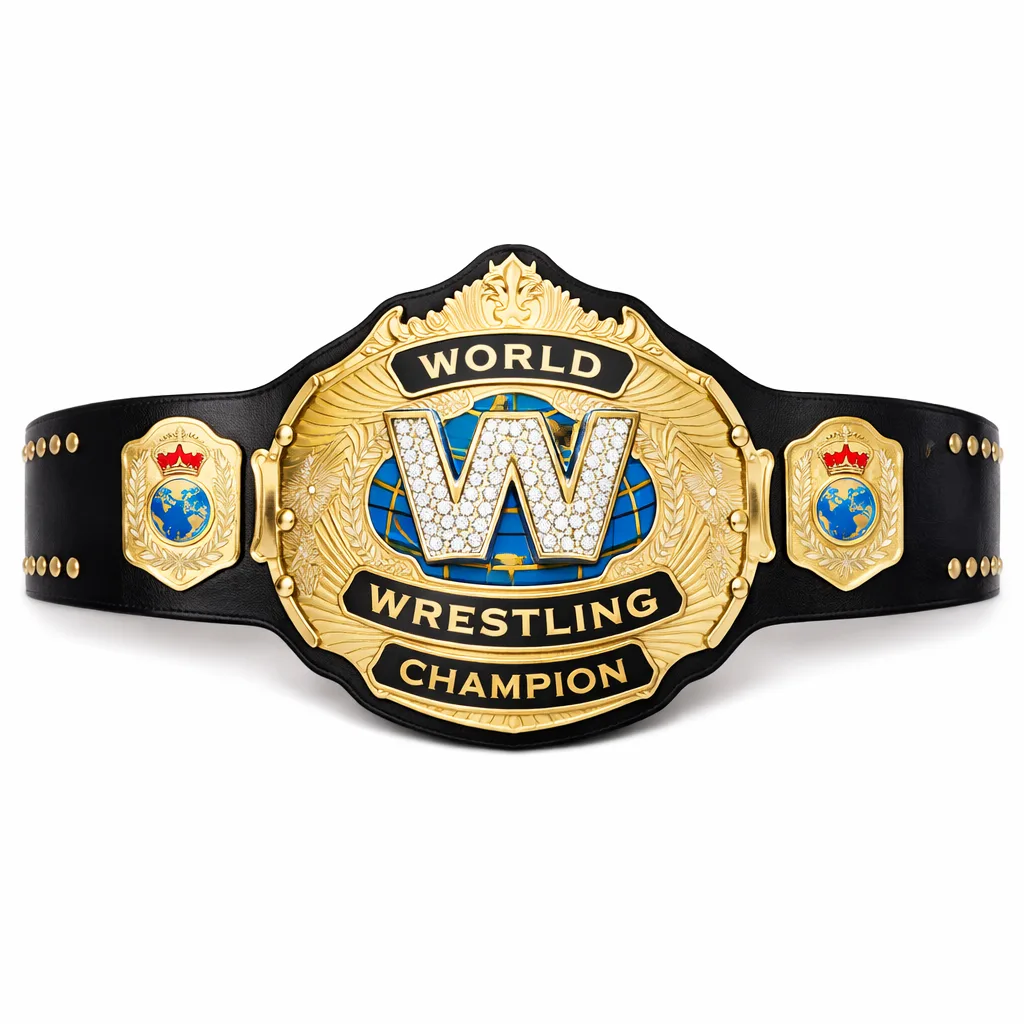 Premium replica world wrestling championship belt with black leather strap and gold plates