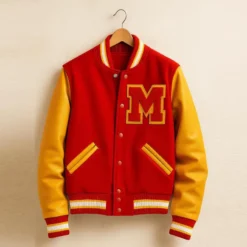 Michael Jackson Thriller red wool varsity letterman jacket with yellow leather sleeves and embroidered M patch