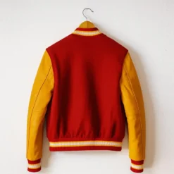 Michael Jackson Thriller red wool varsity letterman jacket with yellow leather sleeves and embroidered M patch