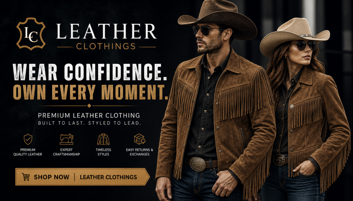 Men and women wearing western suede fringe leather jackets with cowboy styling, premium handcrafted leather apparel by Leather Clothings