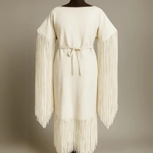 Girls white suede fringe powwow dress with long sleeve fringe and western-inspired leather styling shown from front and back.