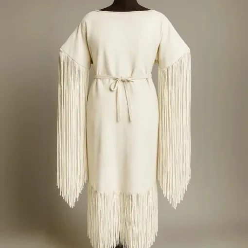 Girls white suede fringe powwow dress with long sleeve fringe and western-inspired leather styling shown from front and back.