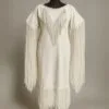Girls white suede fringe powwow dress with long sleeve fringe and western-inspired leather styling shown from front and back.