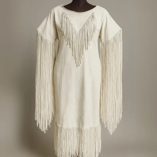 Girls white suede fringe powwow dress with long sleeve fringe and western-inspired leather styling shown from front and back.