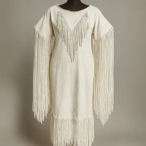 Girls white suede fringe powwow dress with long sleeve fringe and western-inspired leather styling shown from front and back.