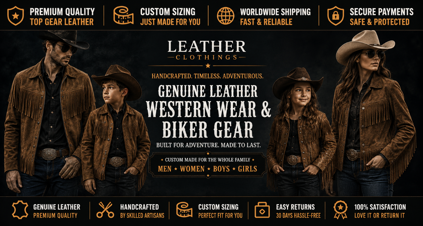 Leather Clothings family collection featuring men, women, boys, and girls wearing genuine leather western fringe jackets and cowboy hats.