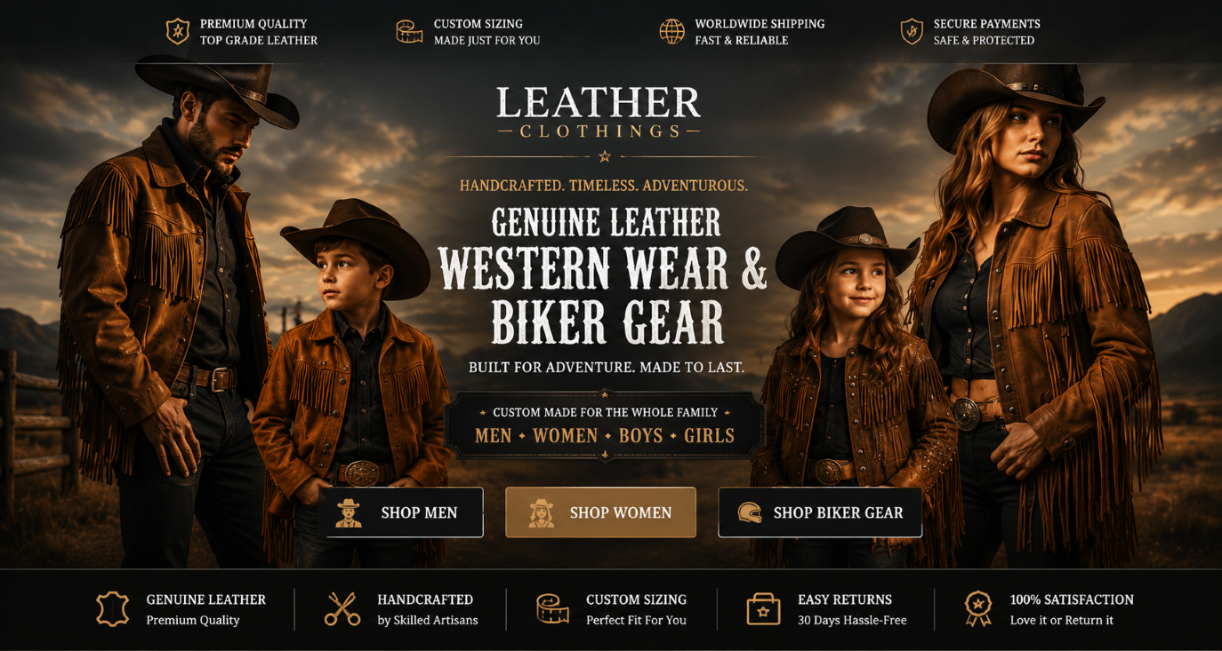 Leather Clothings family collection featuring men, women, boys, and girls wearing genuine leather western fringe jackets and cowboy hats.