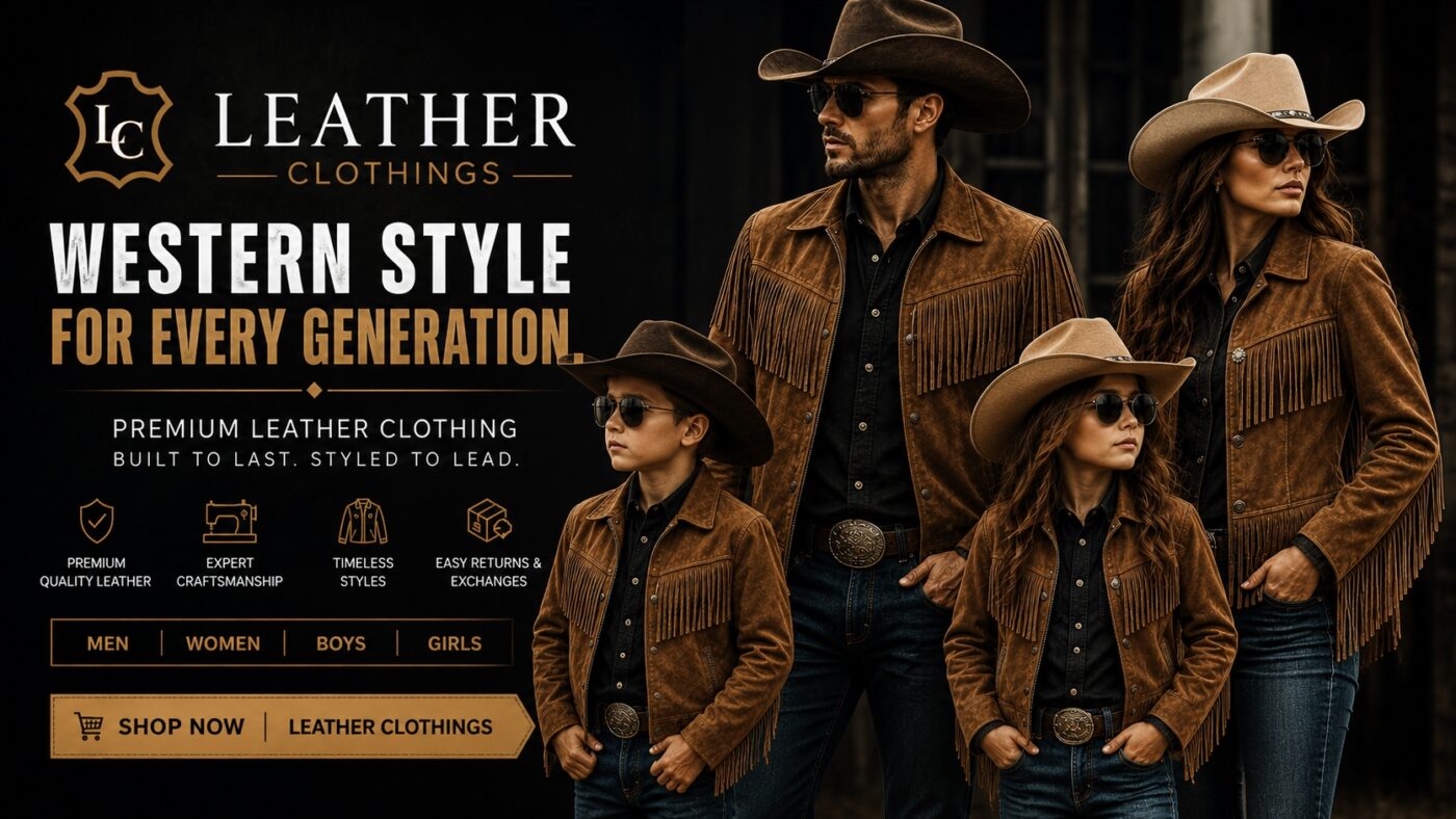 Family western fashion banner featuring men, women, boys and girls wearing premium brown fringe leather jackets and cowboy hats by Leather Clothings.