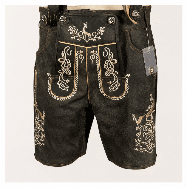 Bavarian Style Lederhosen Men in Chic Black with embroidered stag design, adjustable suspenders, and traditional black leather finish